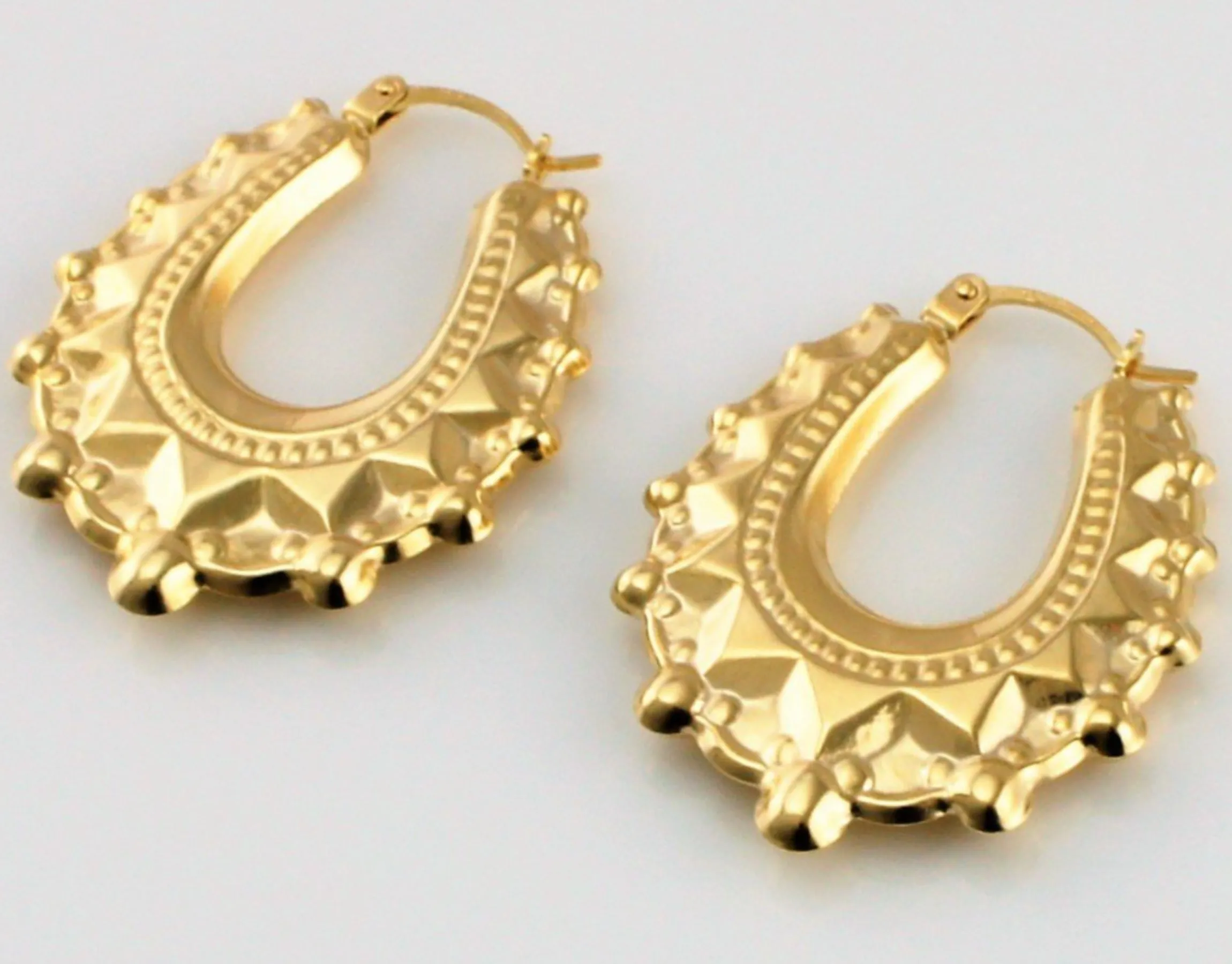 9ct Yellow Gold Victorian Style Spiked Oval Creole Hoop Earrings 1.9 gr