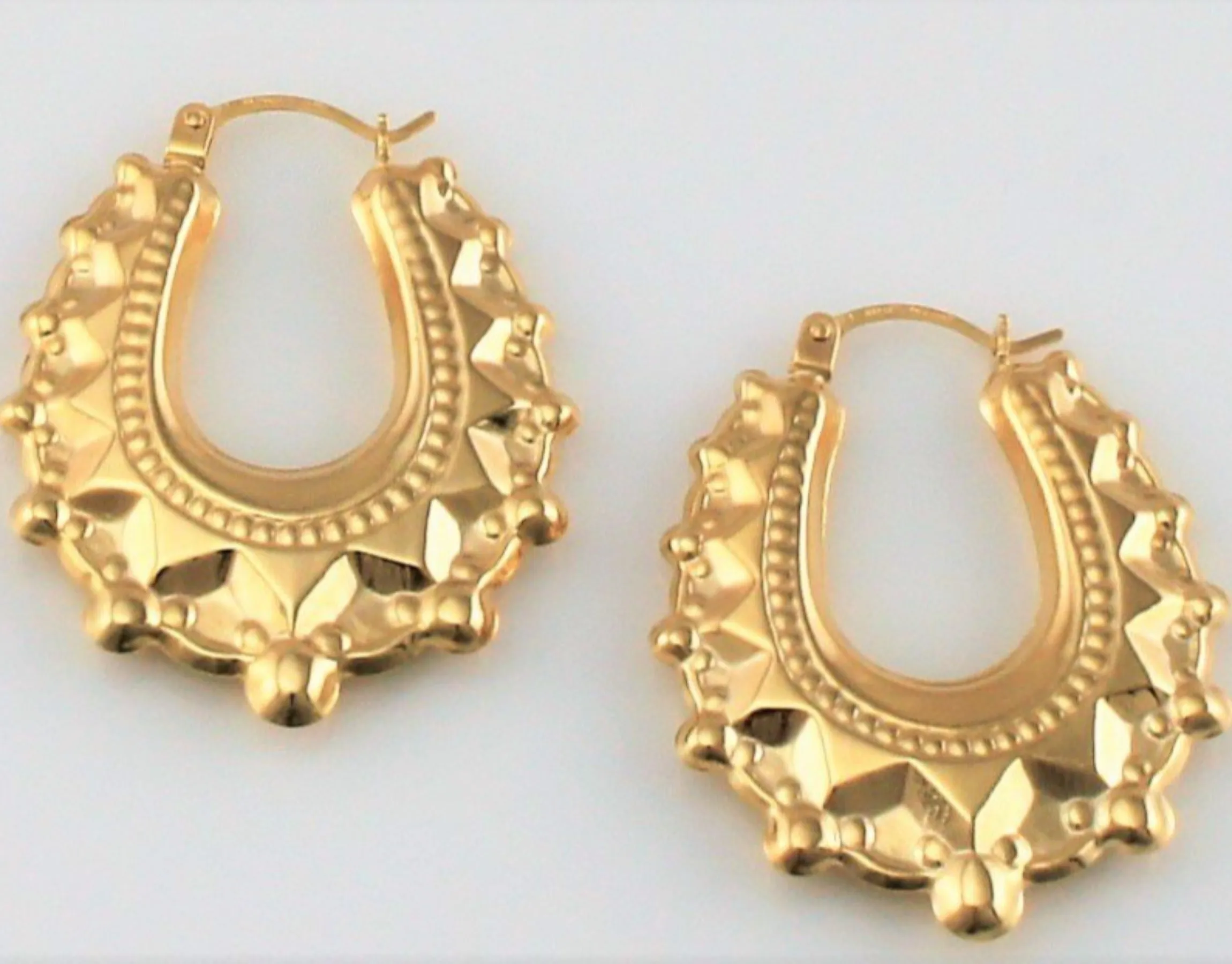 9ct Yellow Gold Victorian Style Spiked Oval Creole Hoop Earrings 1.9 gr