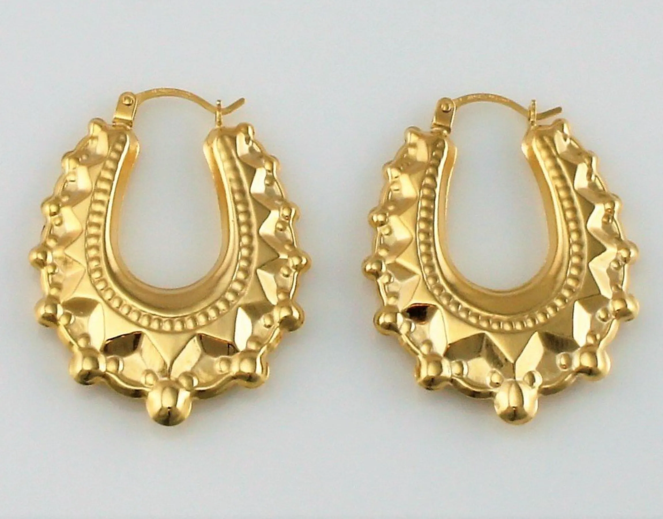 9ct Yellow Gold Victorian Style Spiked Oval Creole Hoop Earrings 1.9 gr