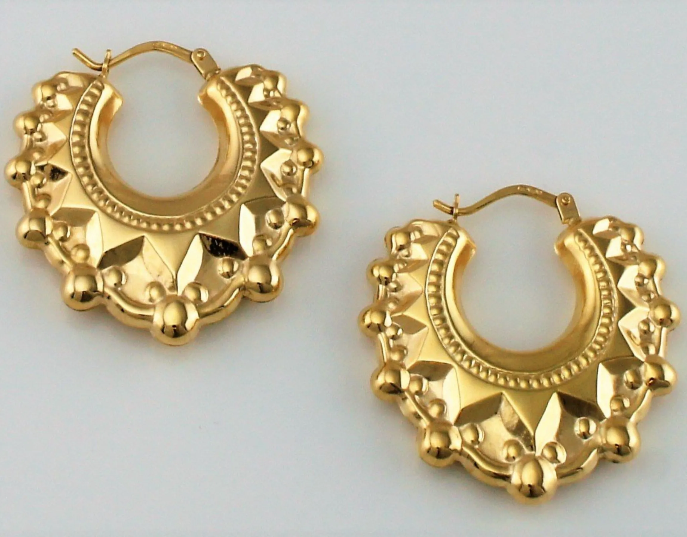 9ct Yellow Gold Victorian Style Spiked Round Creole Hoop Earrings