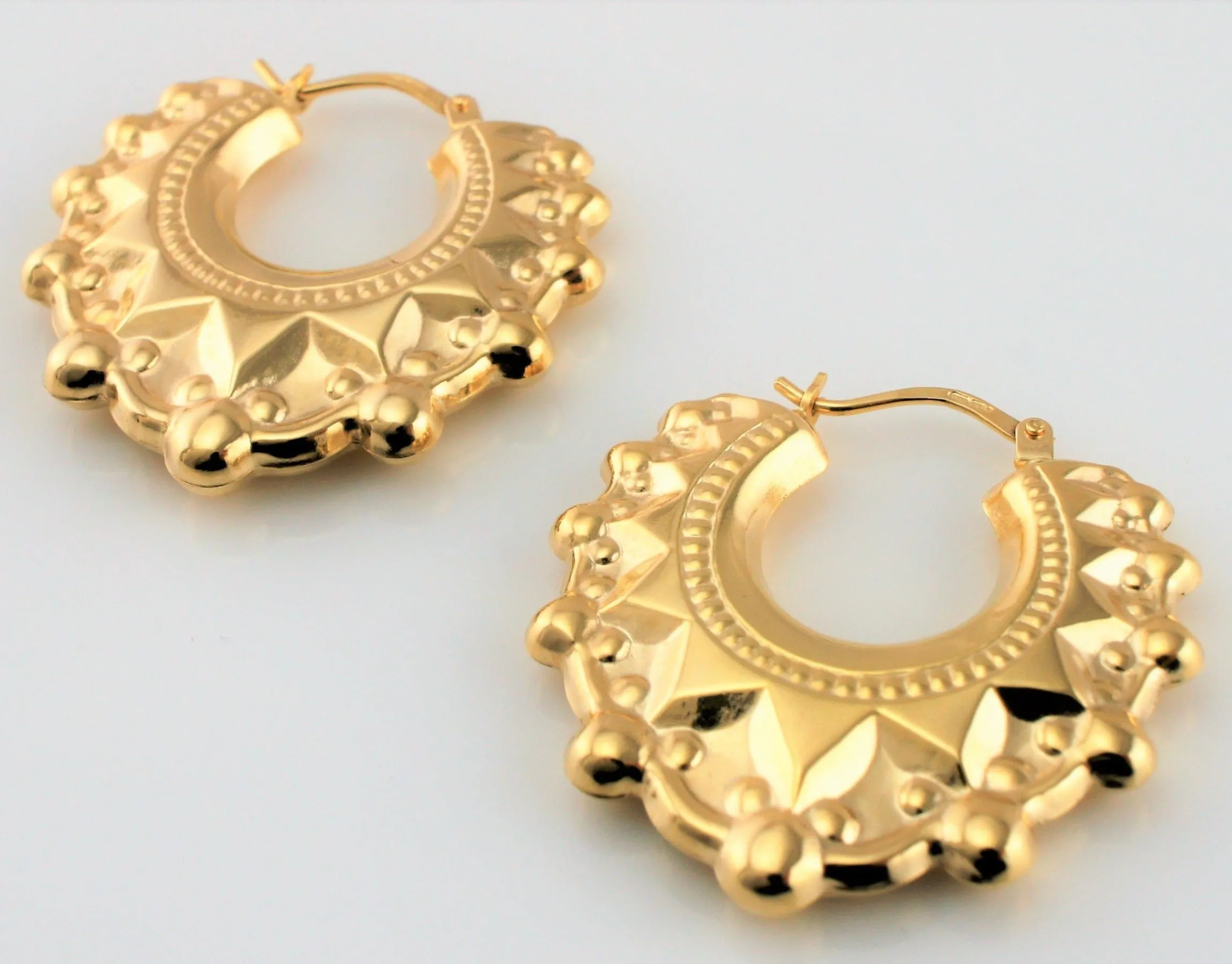 9ct Yellow Gold Victorian Style Spiked Round Creole Hoop Earrings