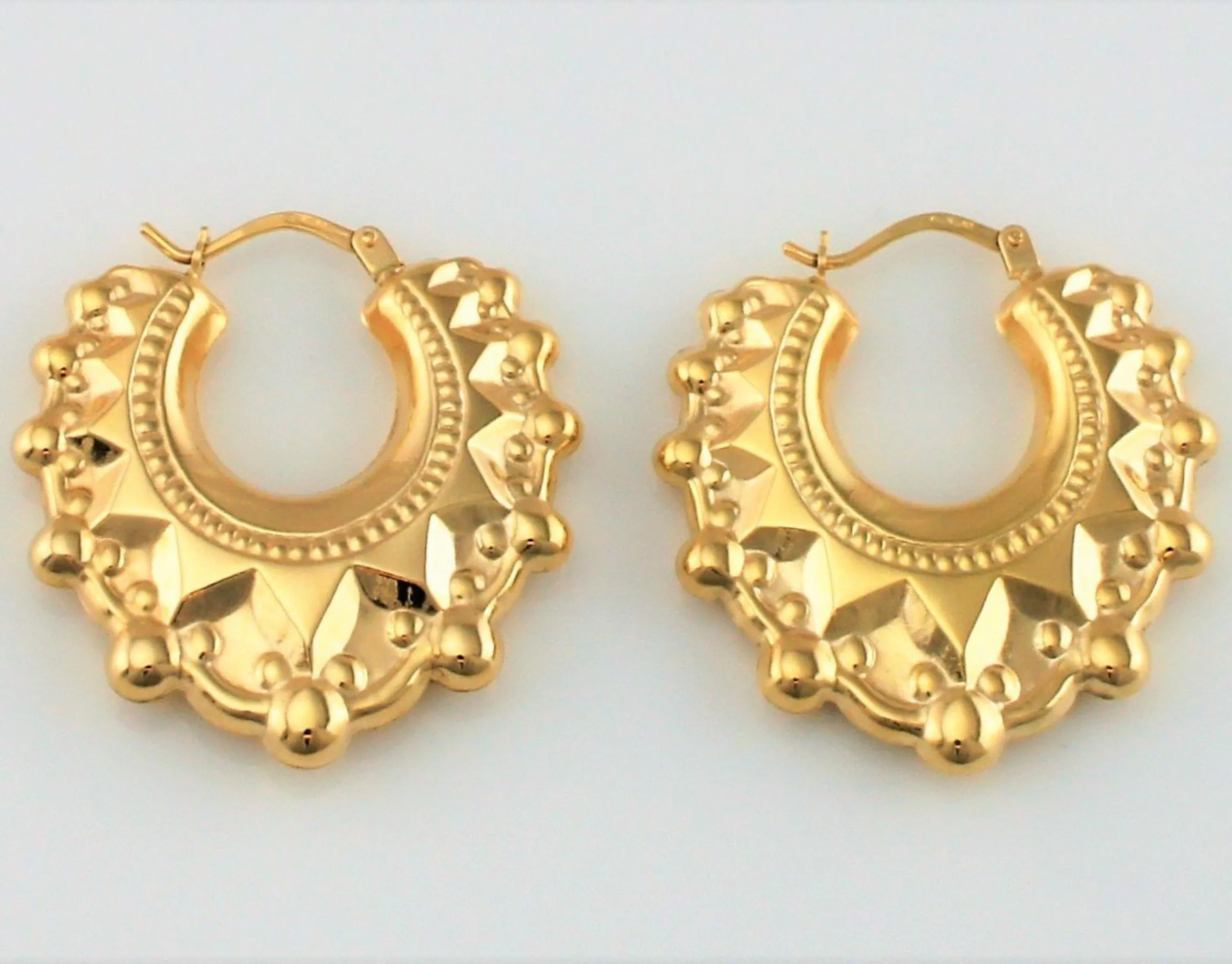 9ct Yellow Gold Victorian Style Spiked Round Creole Hoop Earrings