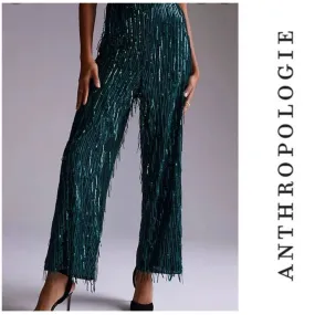 Anthropologie Maeve Sequin Green Pants Party Formal Size 8 New