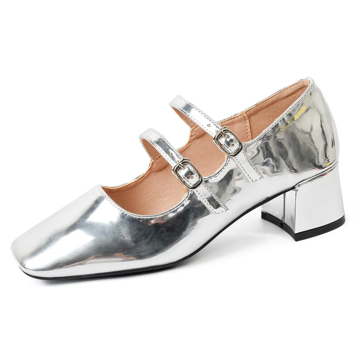 Ballet Flats with Low Heel, Double Strap, Lined Interior