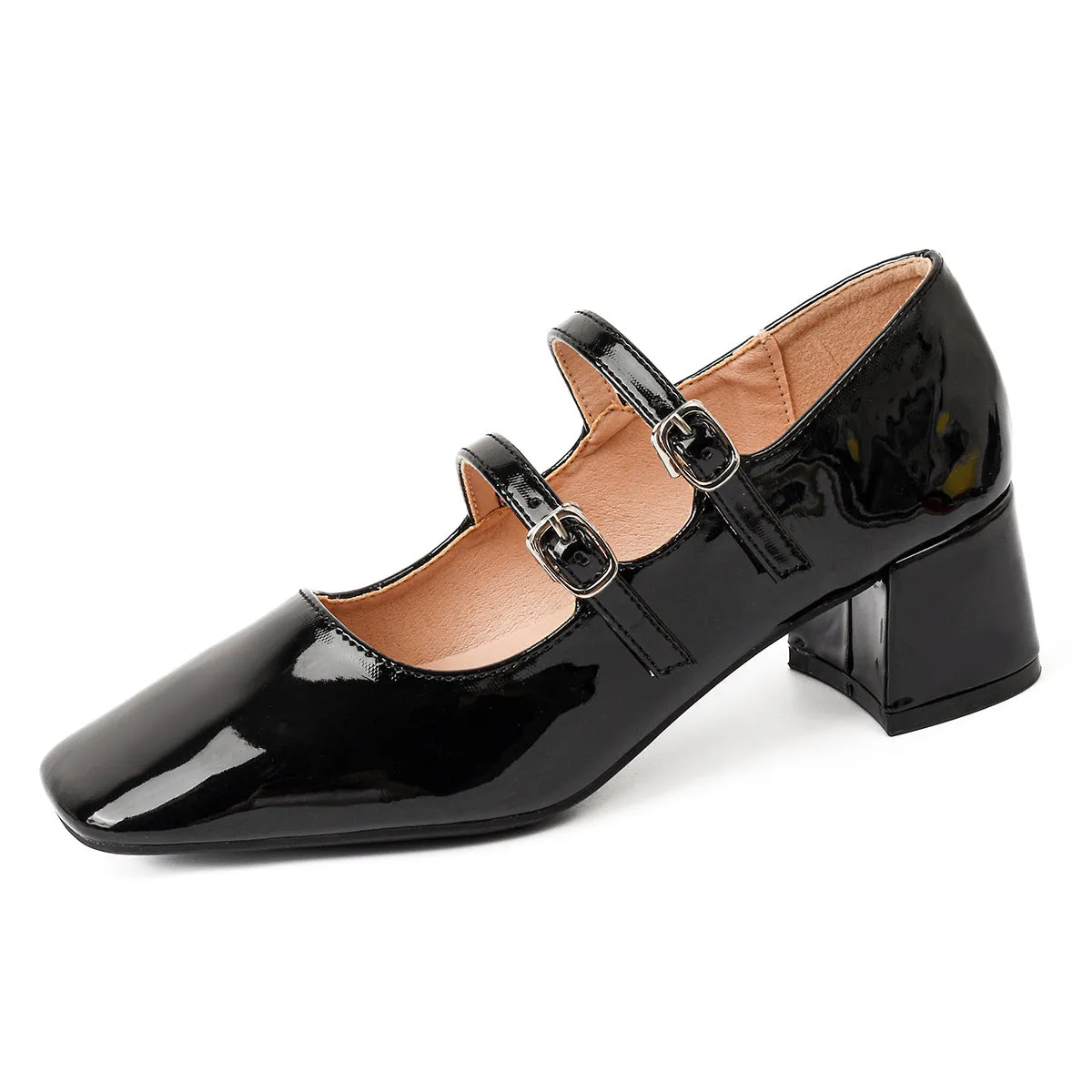 Ballet Flats with Low Heel, Double Strap, Lined Interior