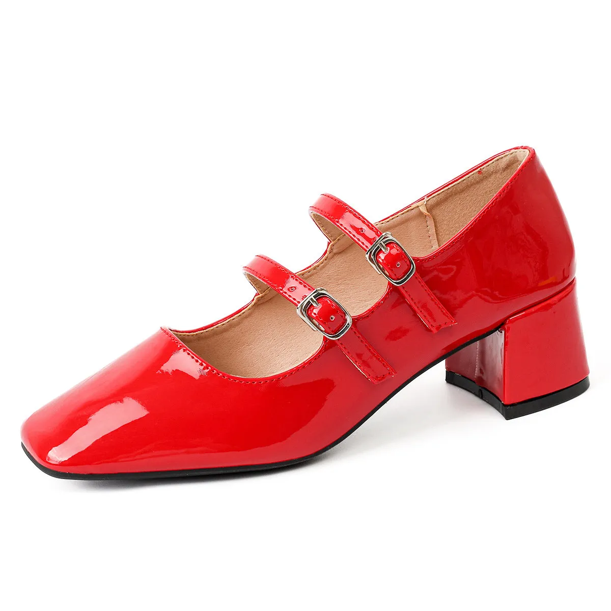 Ballet Flats with Low Heel, Double Strap, Lined Interior