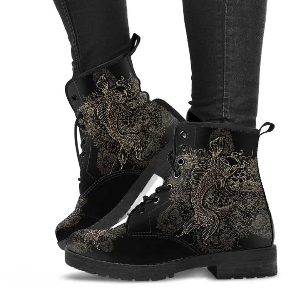 Black Combat Boots - Koi | Women's Black Hipster Boots, Vegan Leather Lace Up Boots, Handmade Lace Up Boots, Women's Boots, Custom Shoes