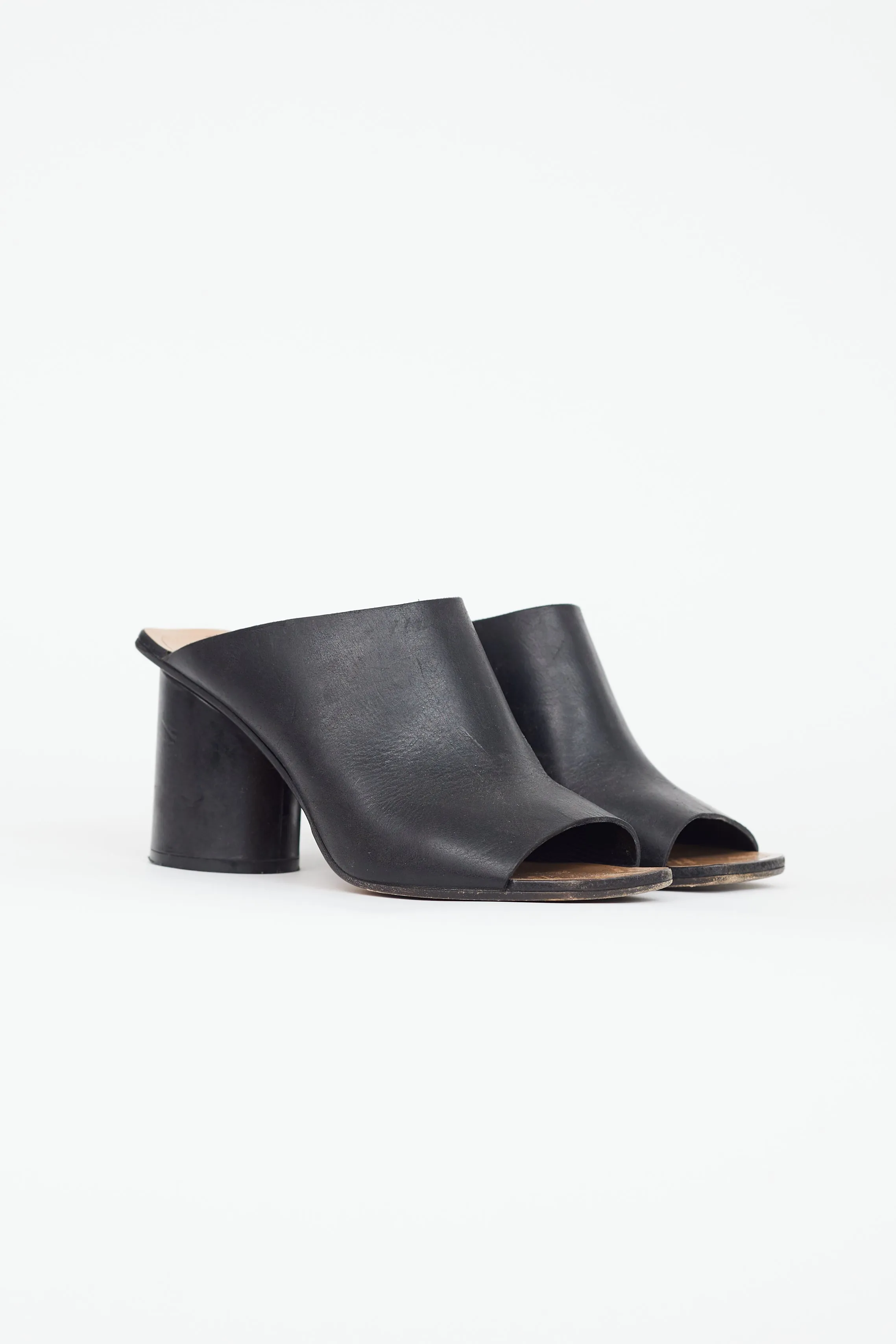 Black Leather Cylinder Heeled Mule