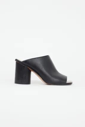 Black Leather Cylinder Heeled Mule