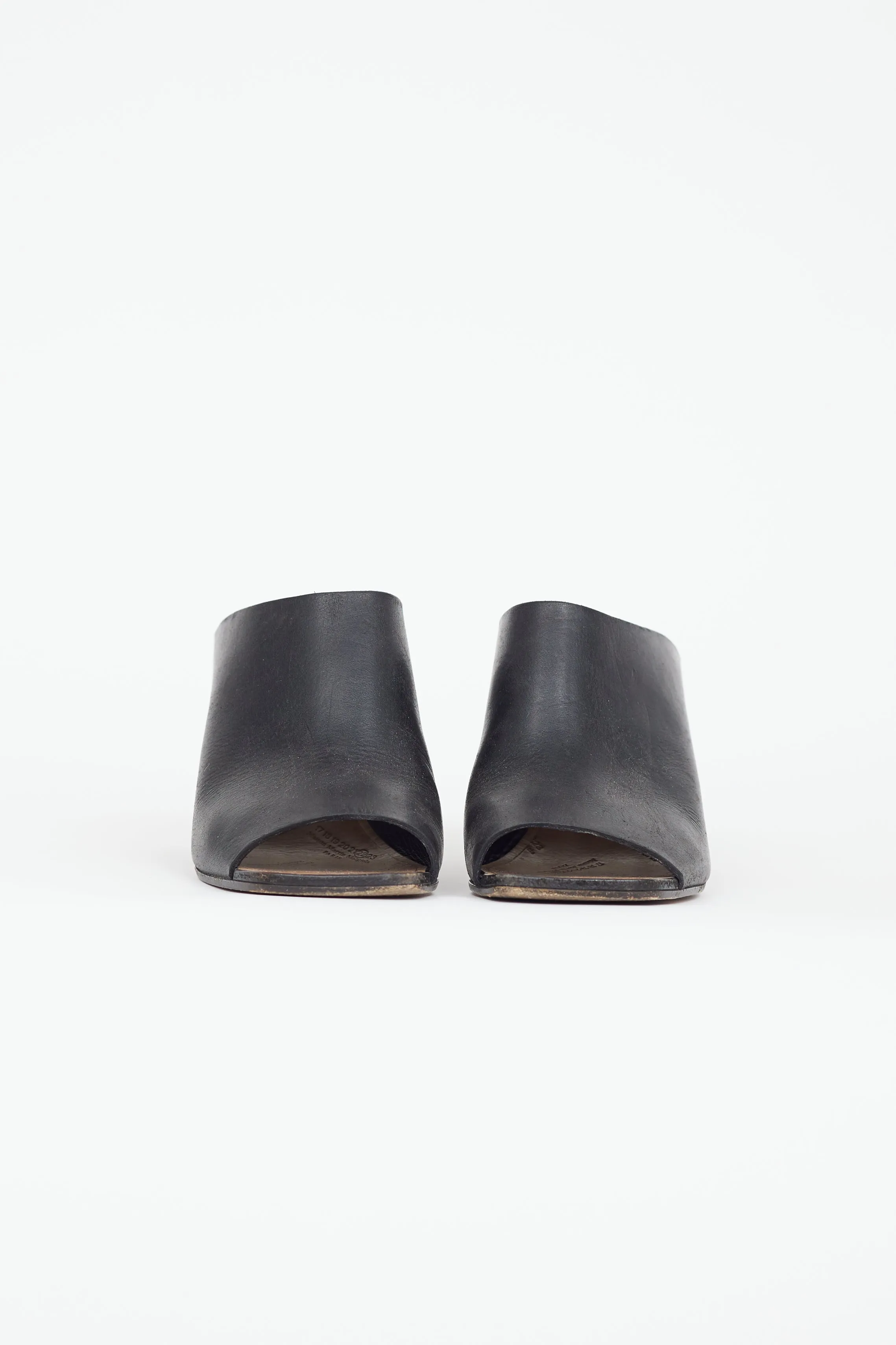 Black Leather Cylinder Heeled Mule