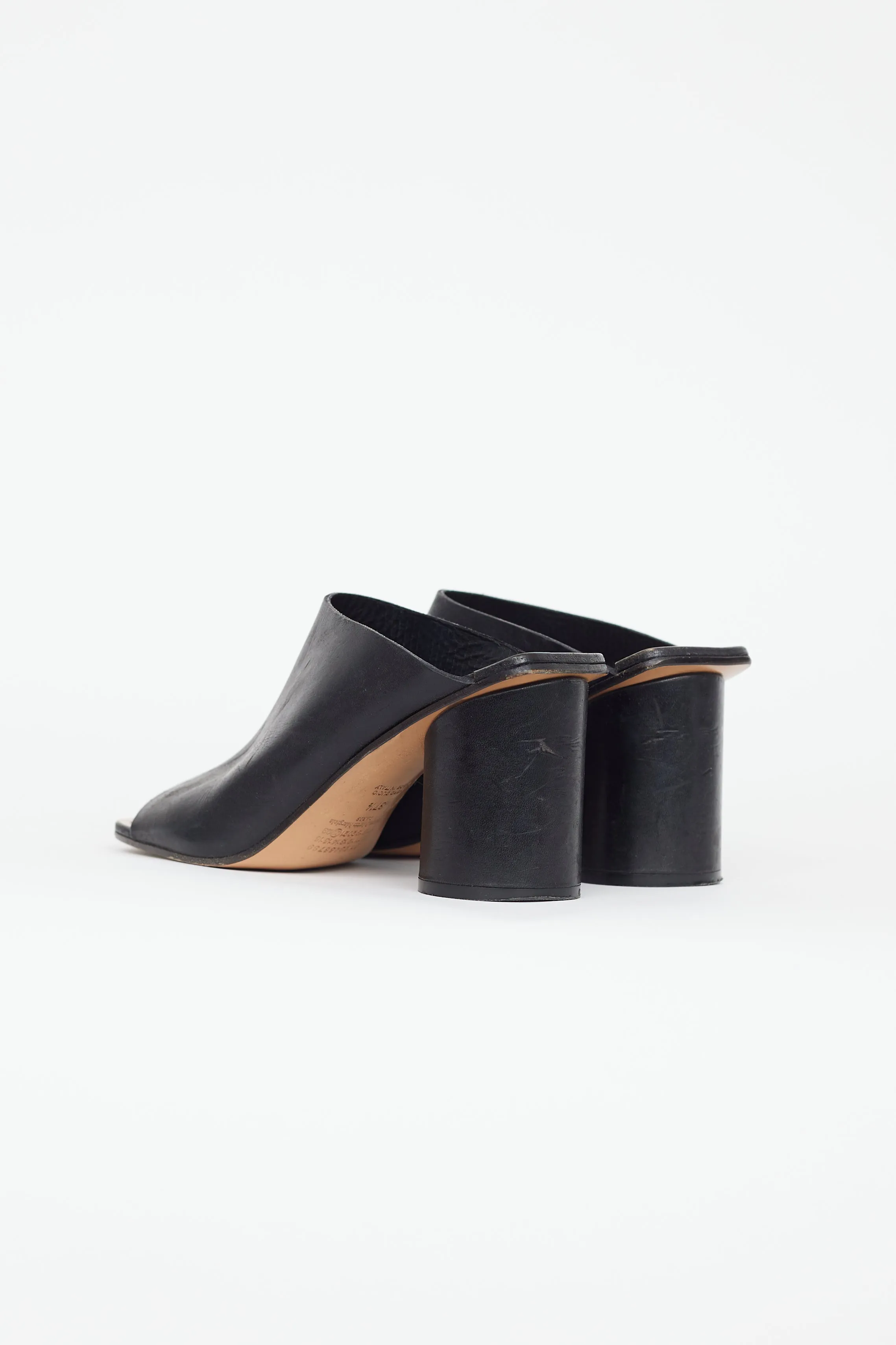 Black Leather Cylinder Heeled Mule