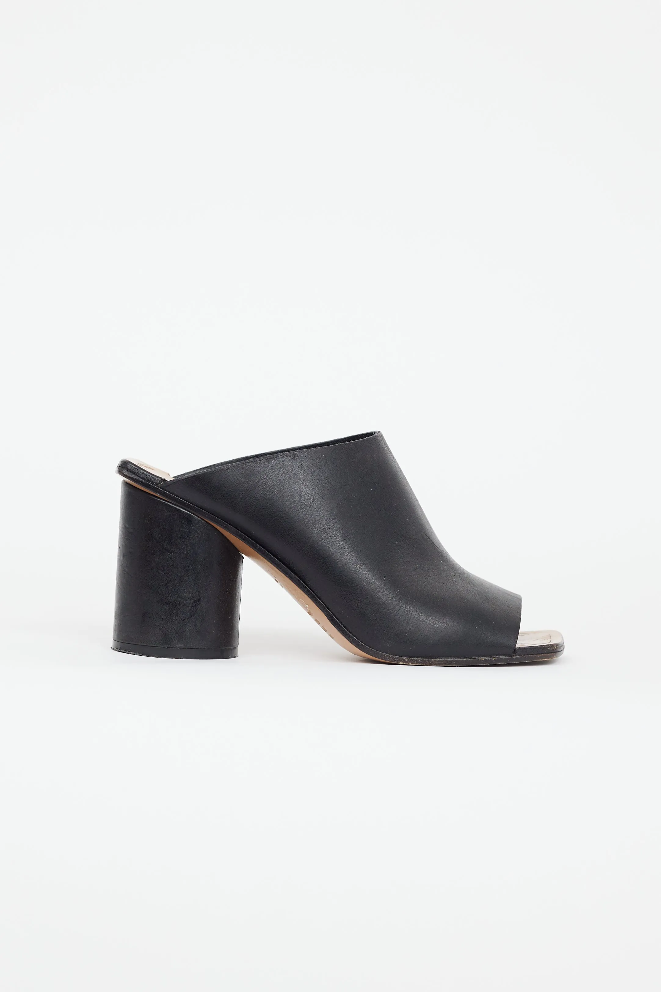 Black Leather Cylinder Heeled Mule