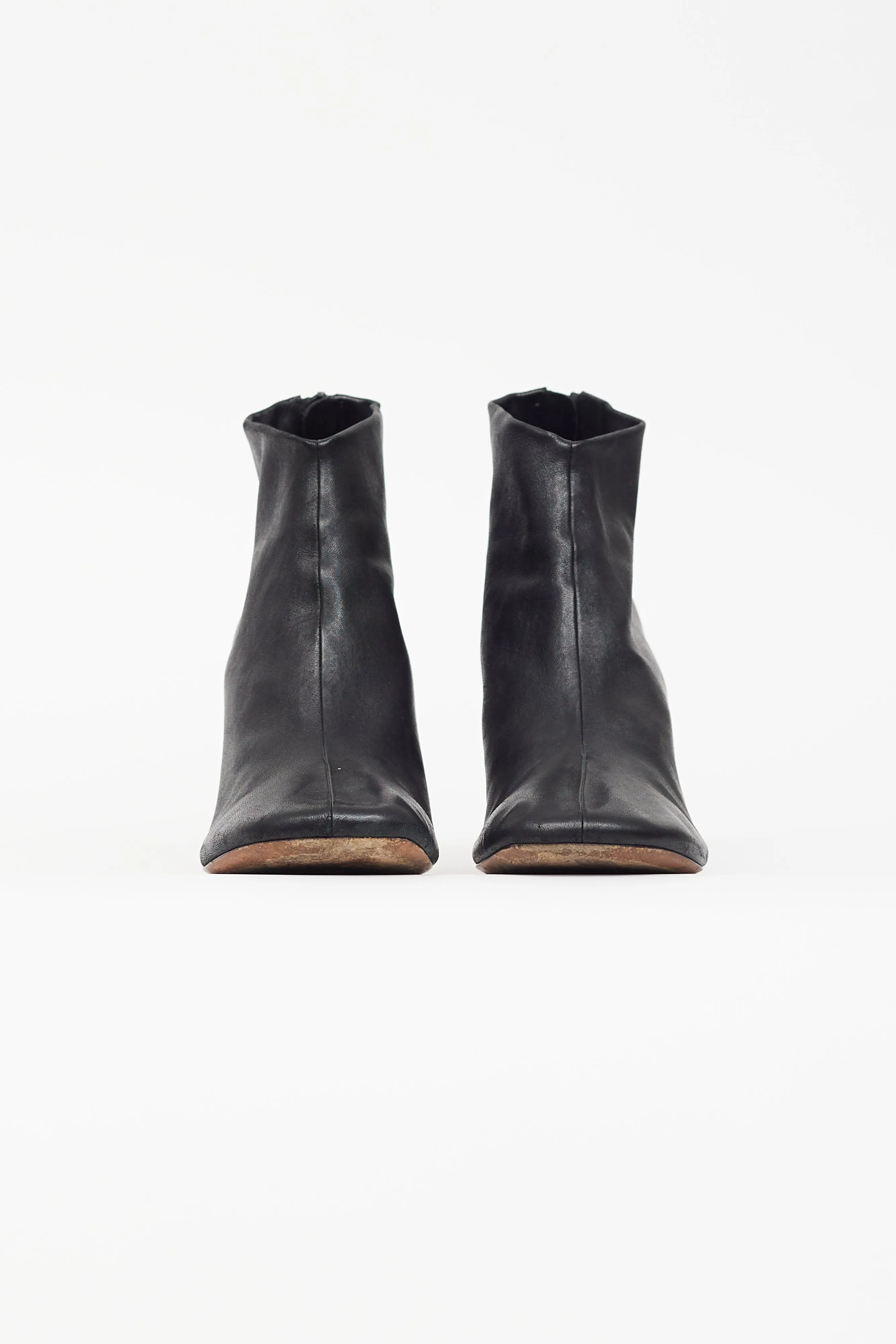 Black Leather Square Toe Heel Ankle Boot