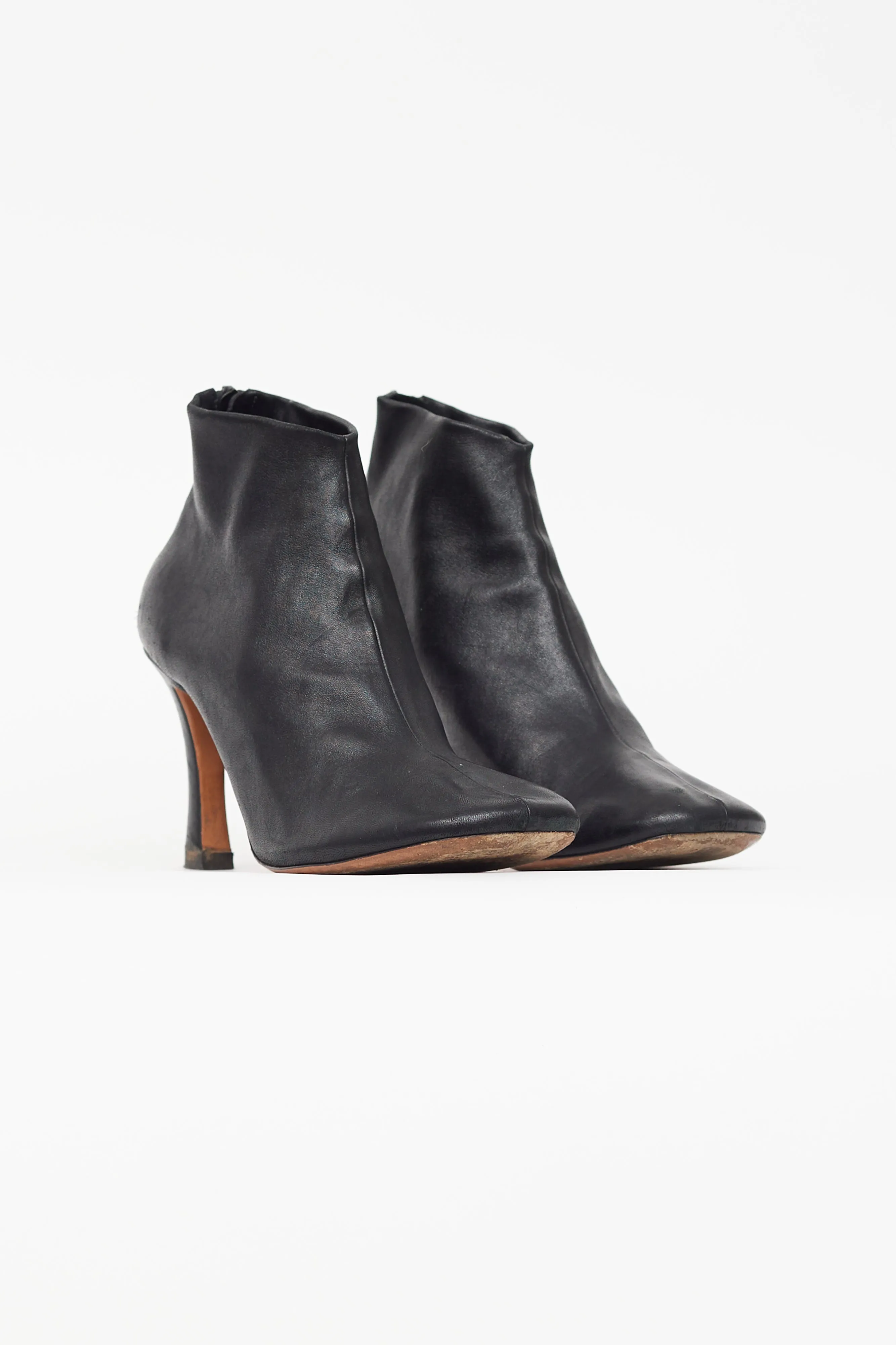 Black Leather Square Toe Heel Ankle Boot