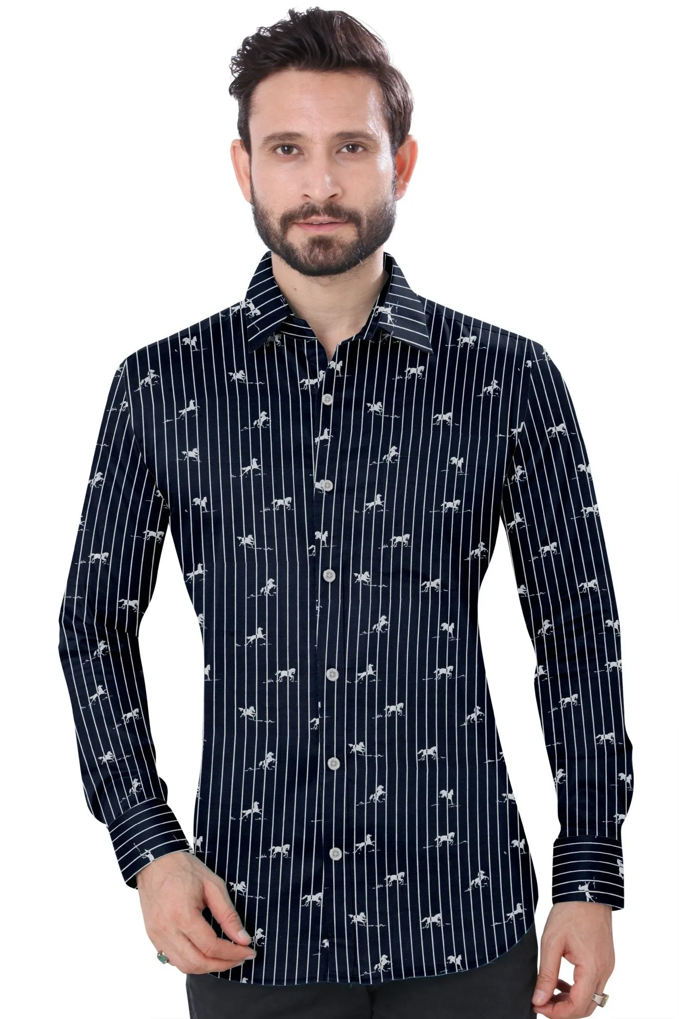 Blue Striped Horse Print Cotton Shirt