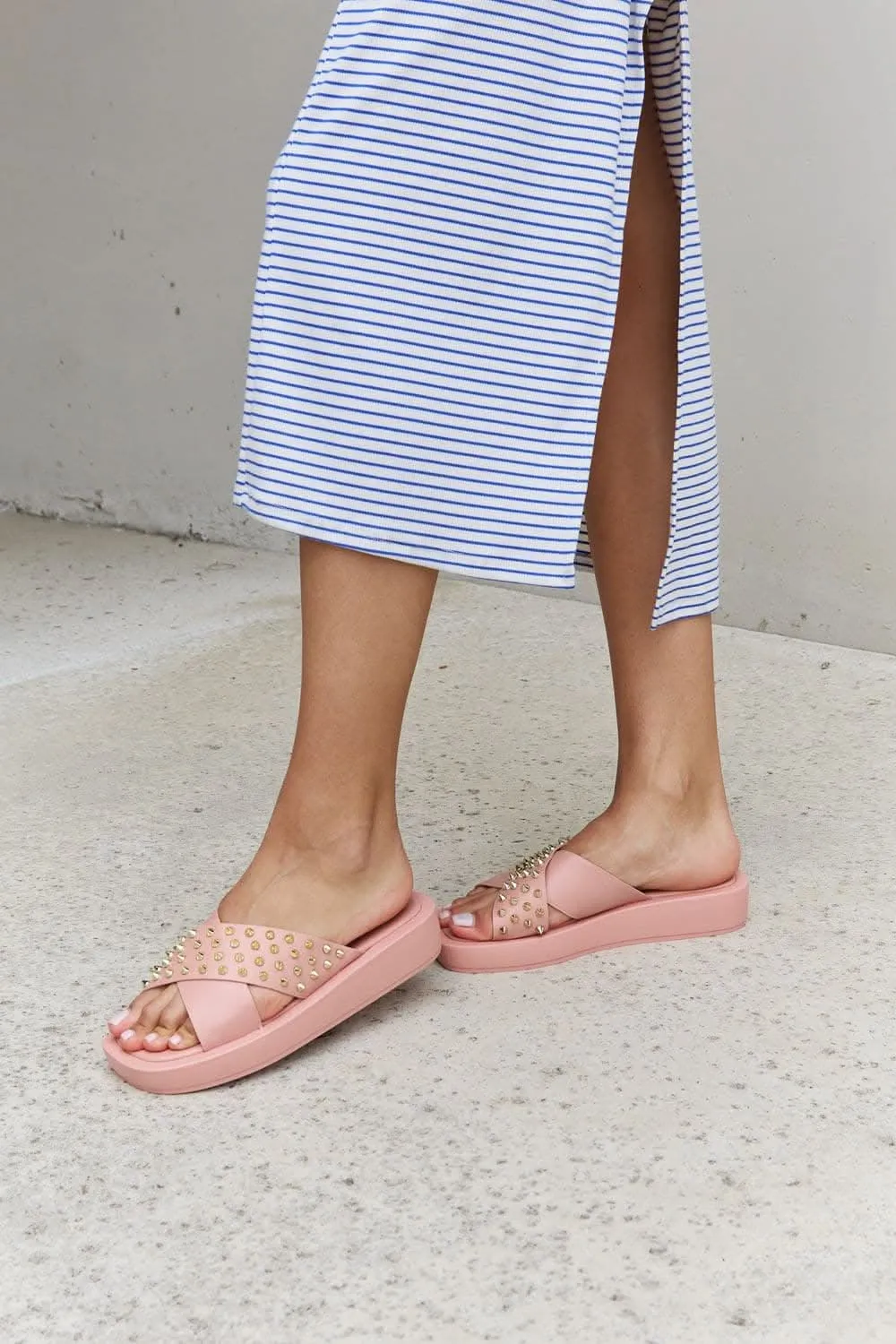 Blush studded cross strap sandals