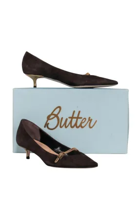 Butter - Brown Suede Pointed Toe Kitten Heels w/ Gold Strap Sz 6