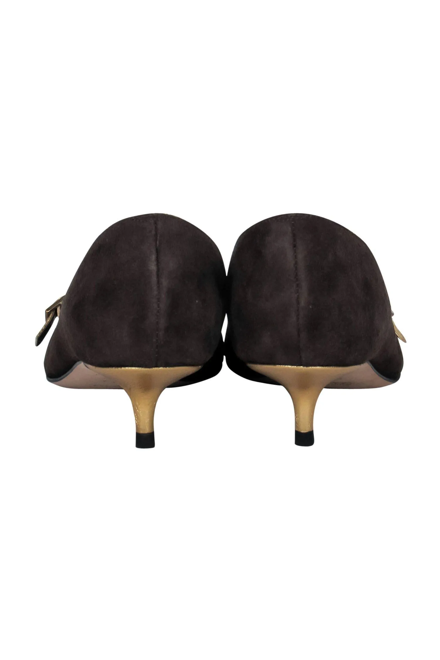 Butter - Brown Suede Pointed Toe Kitten Heels w/ Gold Strap Sz 6