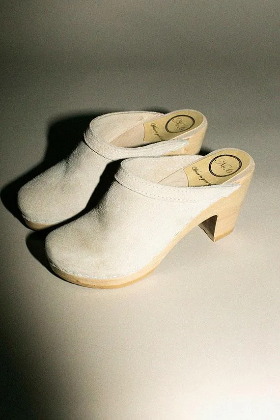 Chalk Suede Old School Clog on High Heel