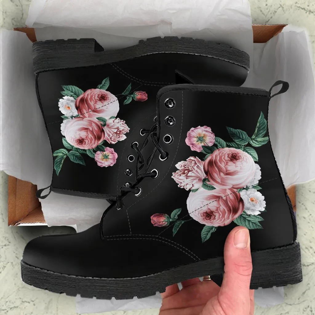 Combat Boots - Beautiful Flowers #11 Black | Women's Black Hipster Boots, Handmade Lace Up Boots, Custom Shoes