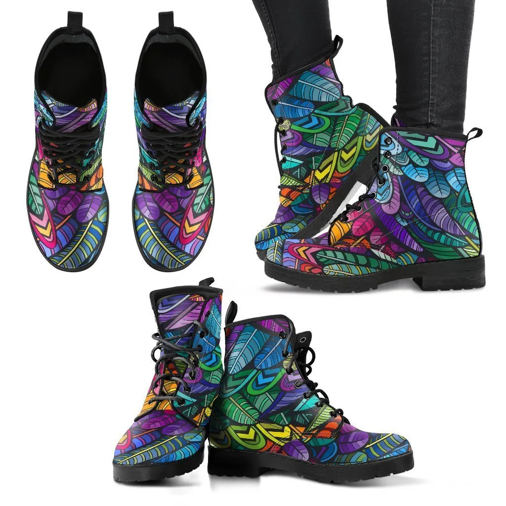 Combat Boots - Bohemian Colorful Feathers | Boho Shoes, Handmade Lace Up Boots, Vegan Leather Lace Up Boots Women, 90s Boots, 2000s Boots