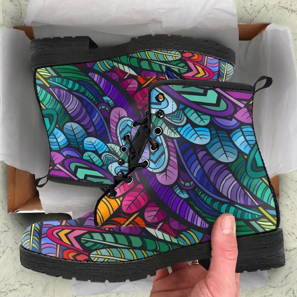 Combat Boots - Bohemian Colorful Feathers | Boho Shoes, Handmade Lace Up Boots, Vegan Leather Lace Up Boots Women, 90s Boots, 2000s Boots