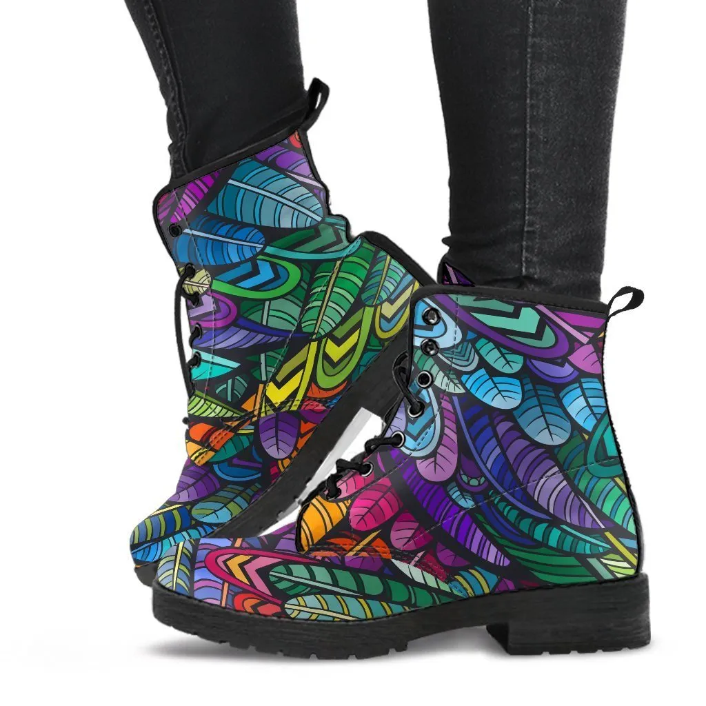 Combat Boots - Bohemian Colorful Feathers | Boho Shoes, Handmade Lace Up Boots, Vegan Leather Lace Up Boots Women, 90s Boots, 2000s Boots