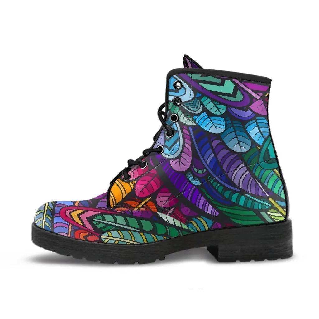 Combat Boots - Bohemian Colorful Feathers | Boho Shoes, Handmade Lace Up Boots, Vegan Leather Lace Up Boots Women, 90s Boots, 2000s Boots