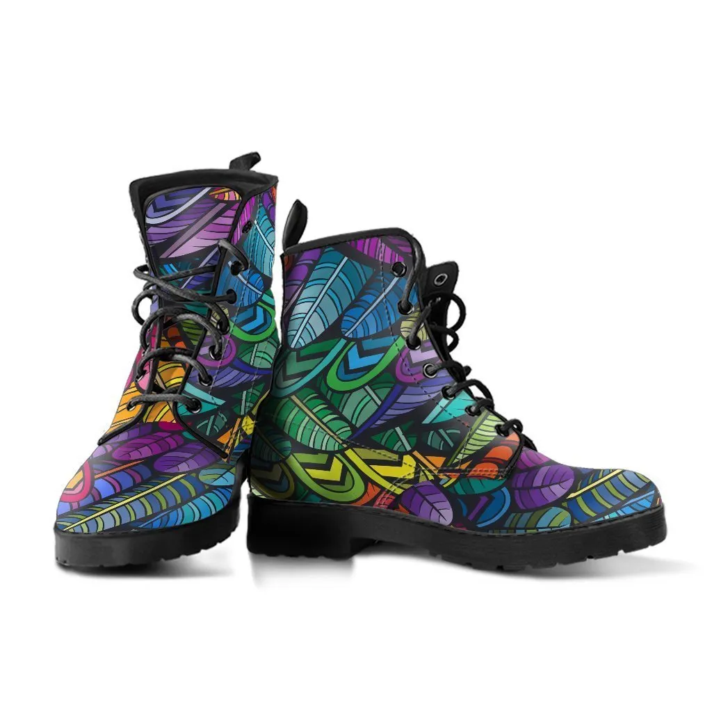 Combat Boots - Bohemian Colorful Feathers | Boho Shoes, Handmade Lace Up Boots, Vegan Leather Lace Up Boots Women, 90s Boots, 2000s Boots