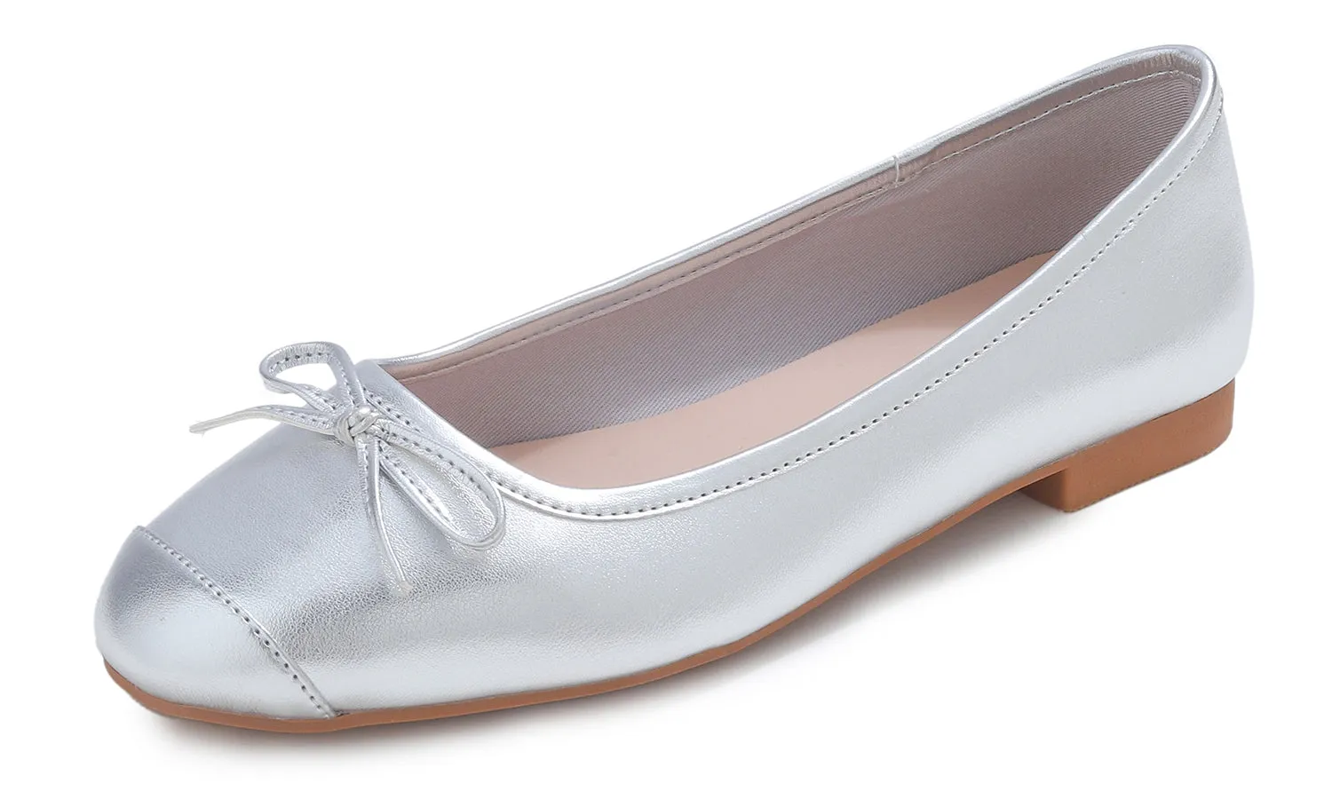 Feversole Women's Square Toe Fashion Bow Tie Dress Slip On Ballet Flats Metallic Vegan Leather