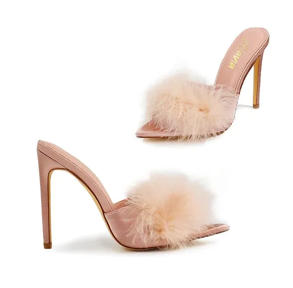 Fur Open Toe Mule Sandal Heels