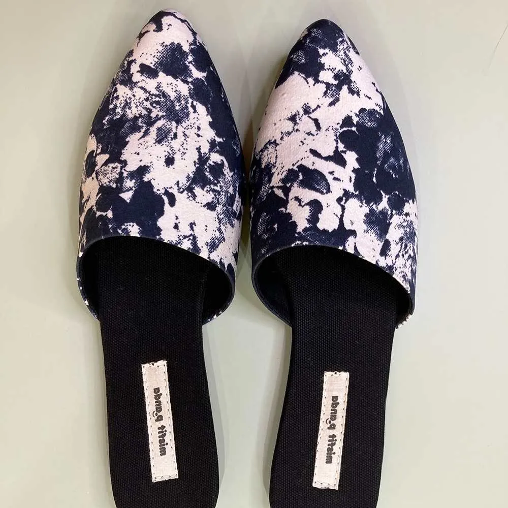Marble Printed Curved Mules For Women | R-Elan Fabric | Black & White