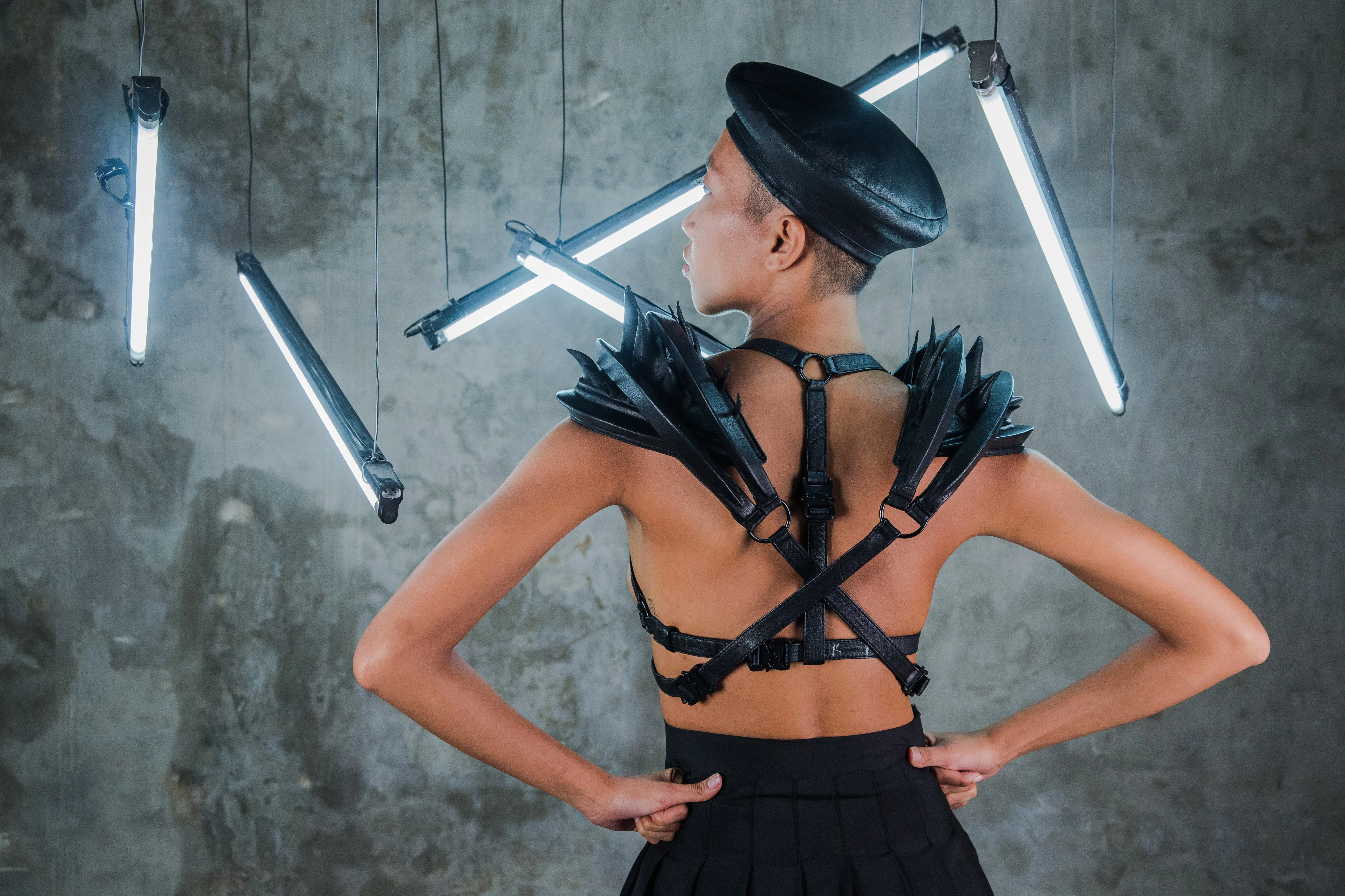 Modular Orbit Spiked Leather Harness   Epaulette