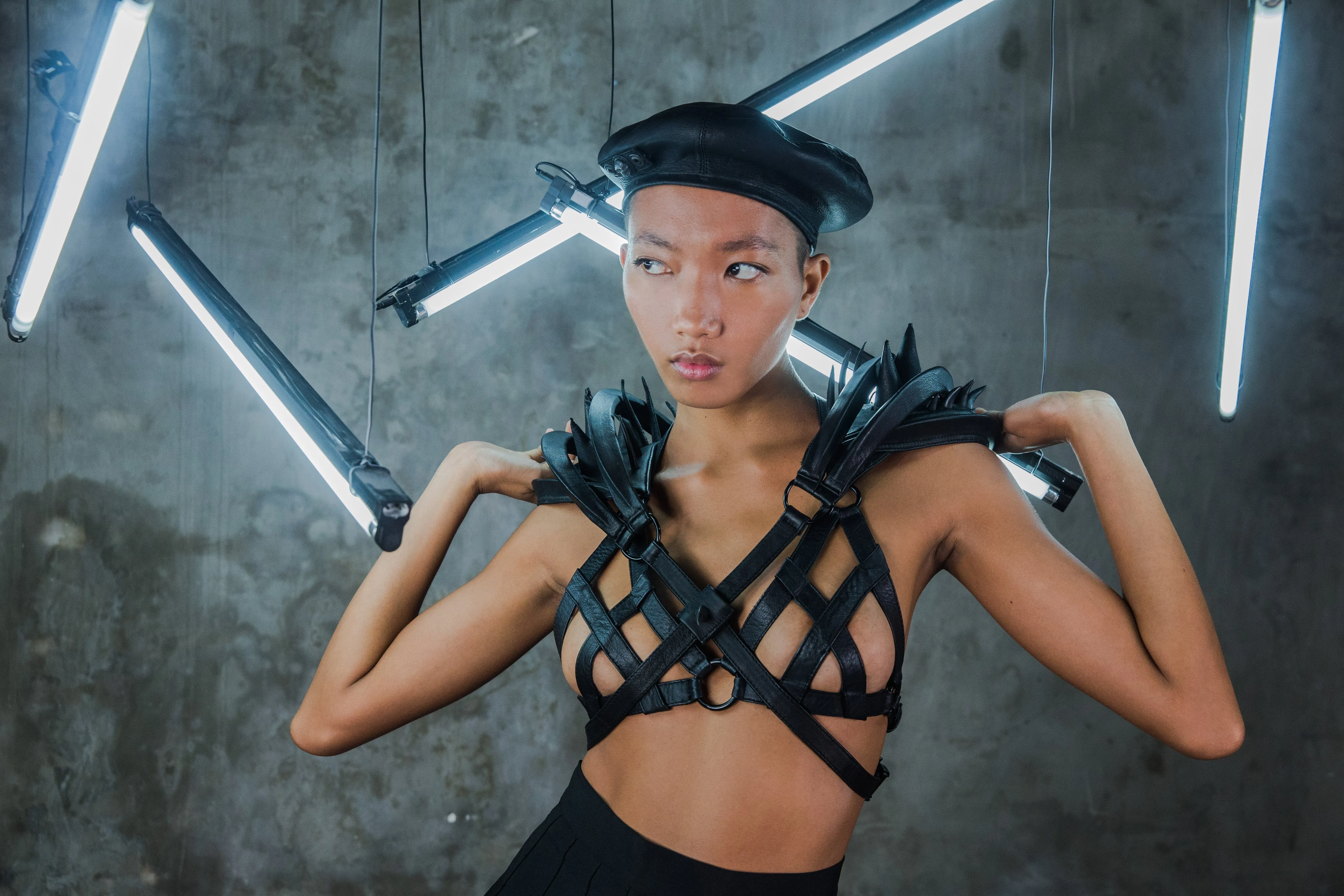 Modular Orbit Spiked Leather Harness   Epaulette