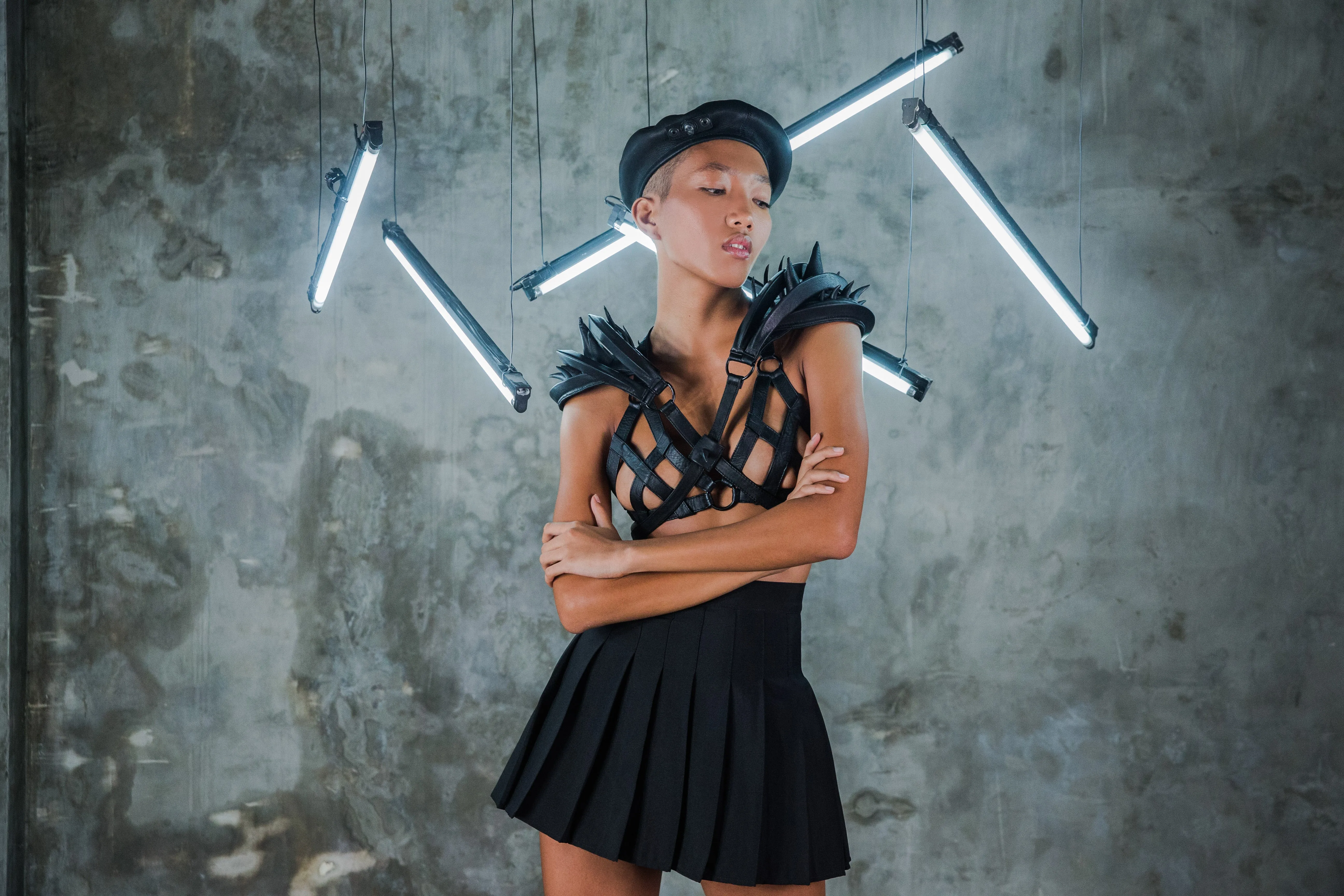 Modular Orbit Spiked Leather Harness   Epaulette