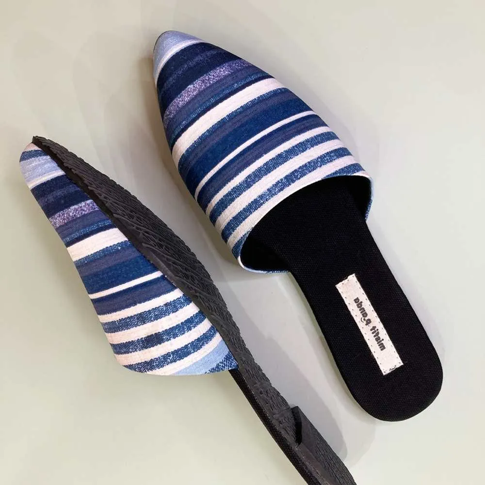 Stripe Printed Curved Mules | Hand-Crafted in R-Elan Fabric | Blue