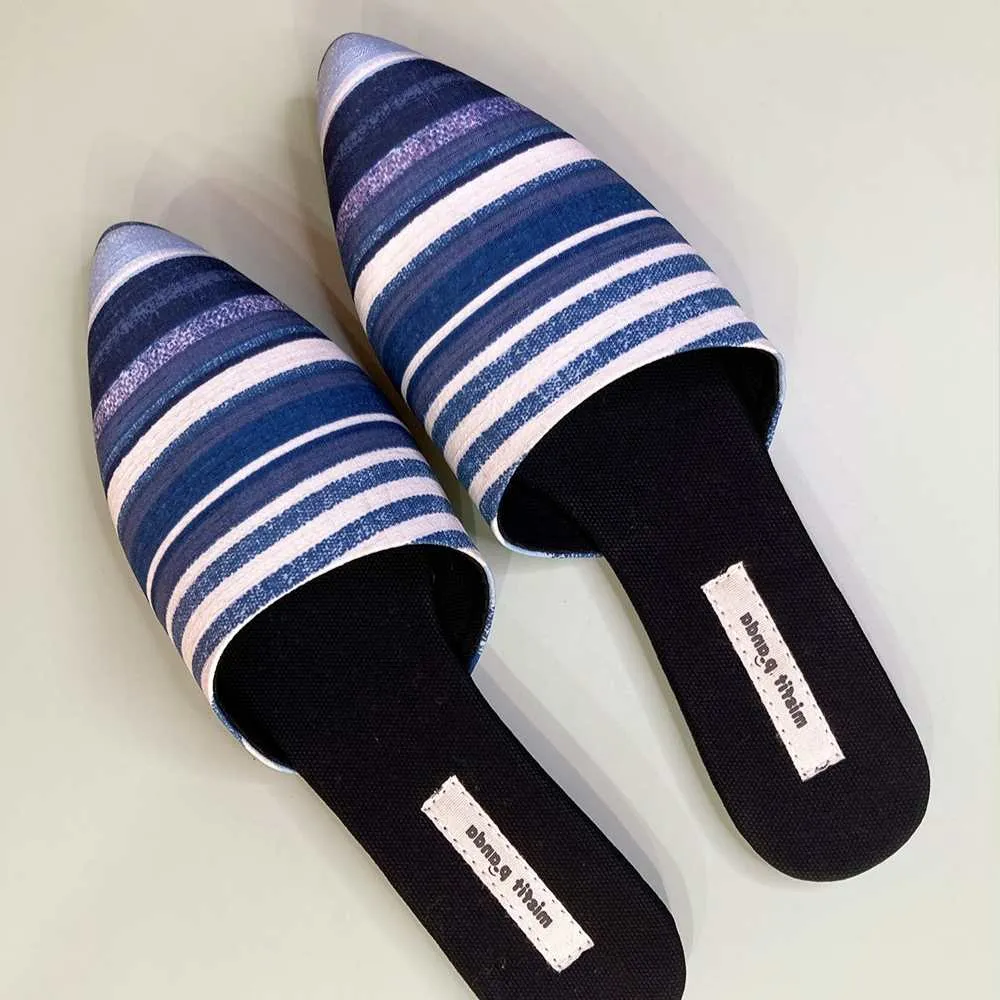 Stripe Printed Curved Mules | Hand-Crafted in R-Elan Fabric | Blue