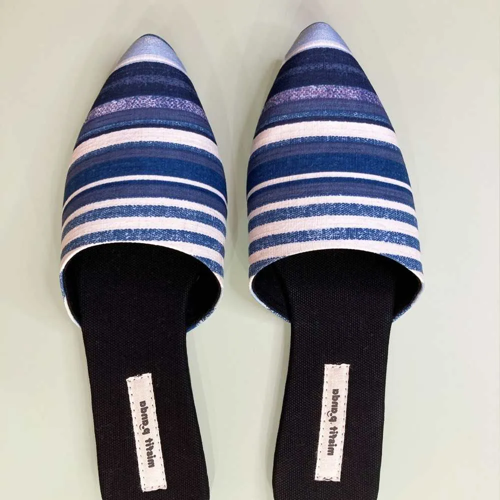 Stripe Printed Curved Mules | Hand-Crafted in R-Elan Fabric | Blue