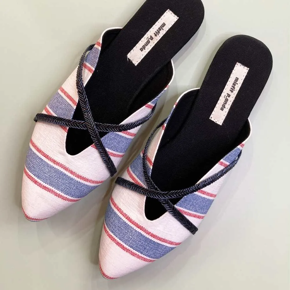 Stripe White Mules for Women | R-Elan Fabric | Smart & Urbane