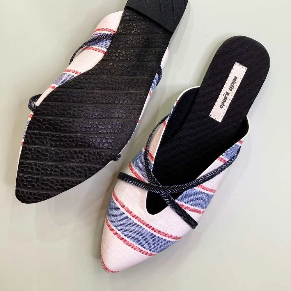 Stripe White Mules for Women | R-Elan Fabric | Smart & Urbane
