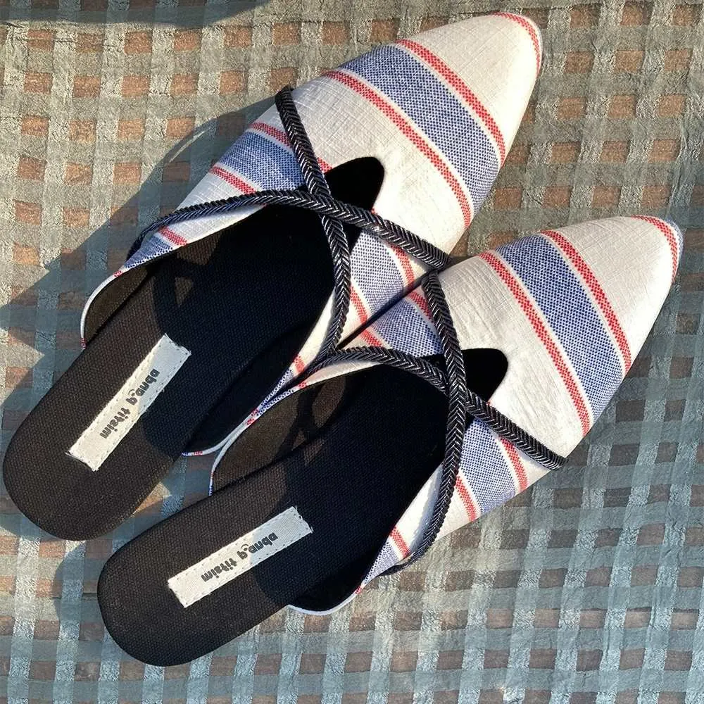 Stripe White Mules for Women | R-Elan Fabric | Smart & Urbane