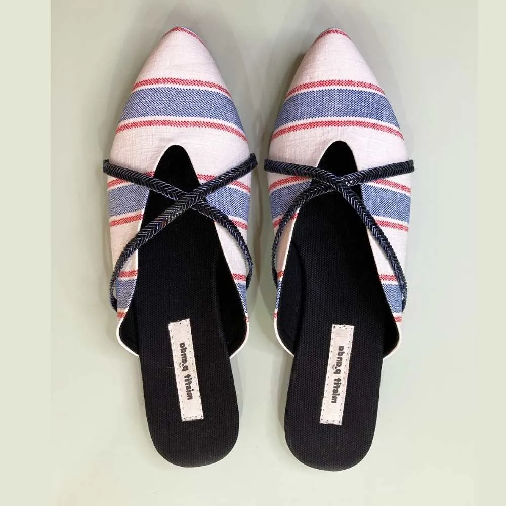 Stripe White Mules for Women | R-Elan Fabric | Smart & Urbane