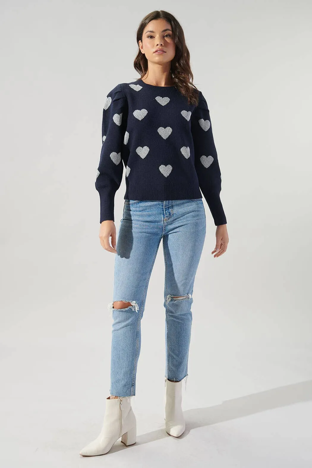 Sweetheart Silver Heart  Puff Sleeve Sweater