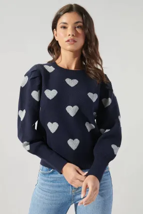 Sweetheart Silver Heart  Puff Sleeve Sweater