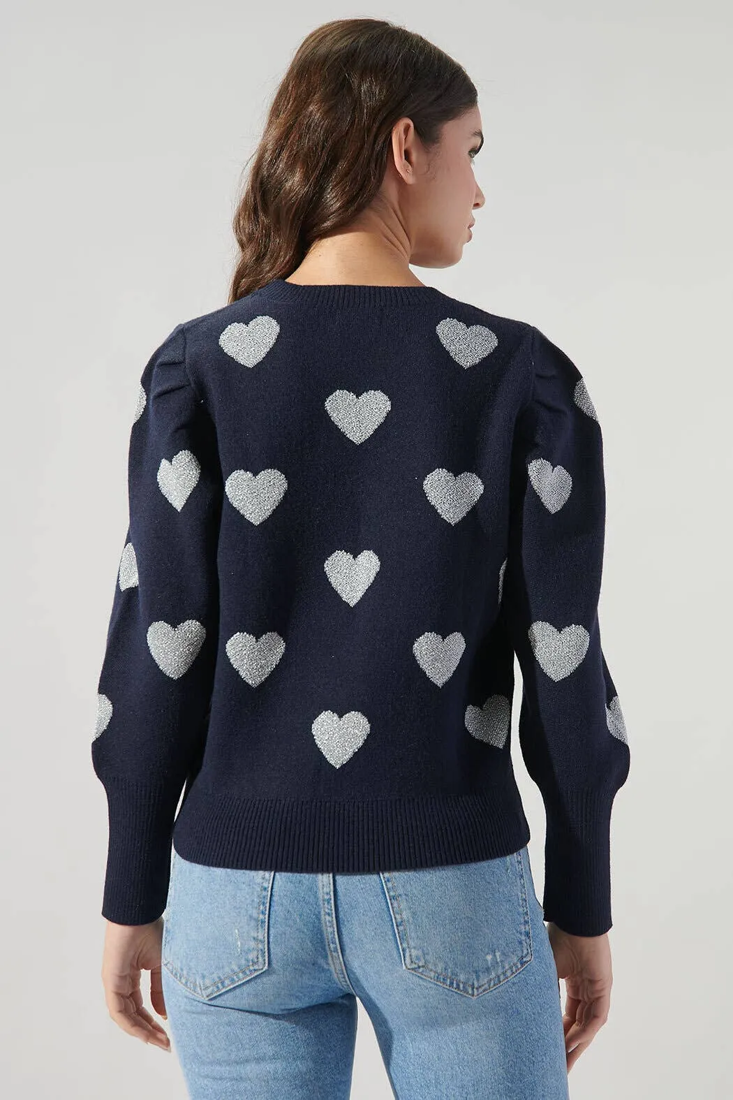 Sweetheart Silver Heart  Puff Sleeve Sweater
