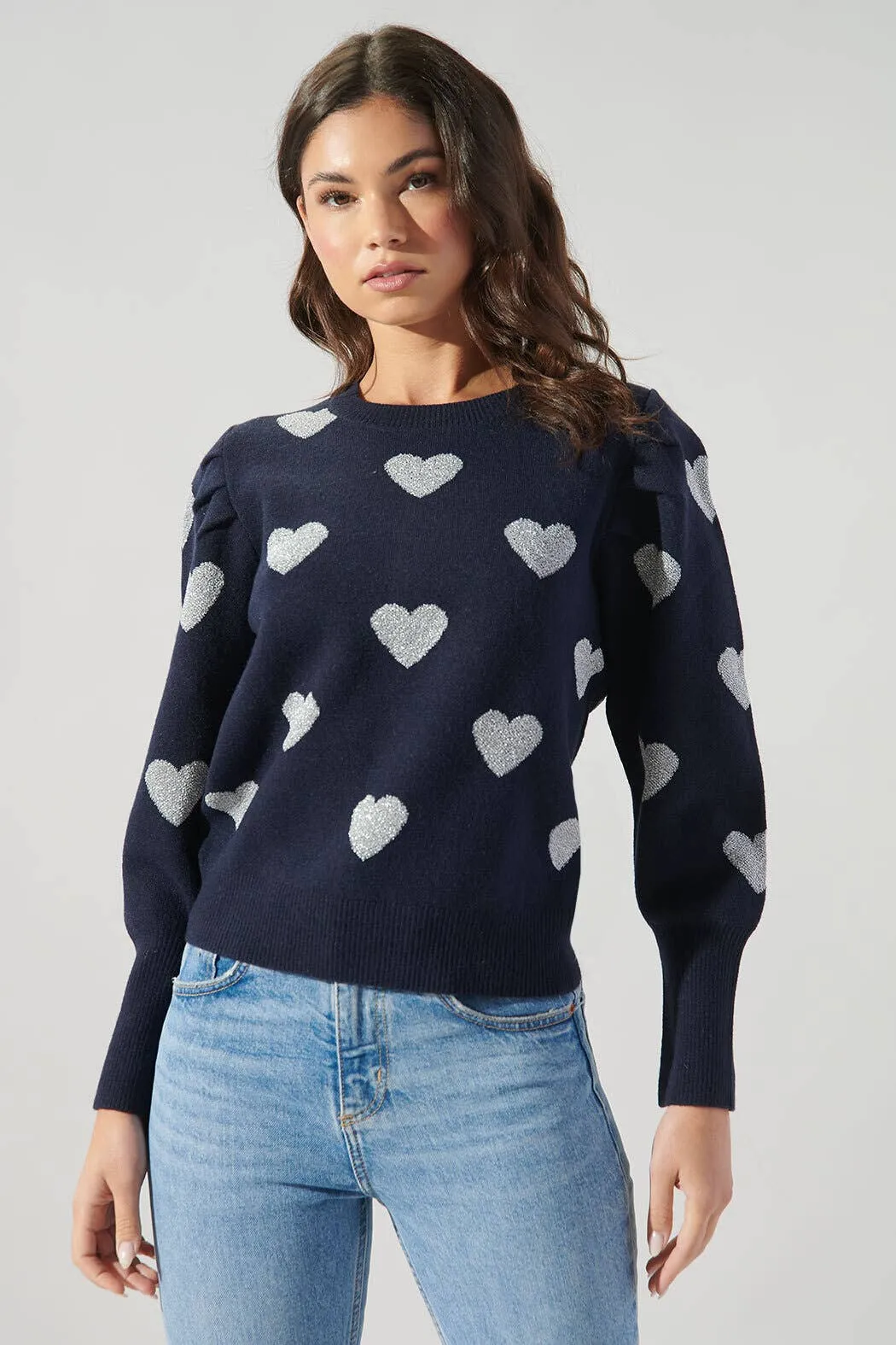 Sweetheart Silver Heart  Puff Sleeve Sweater
