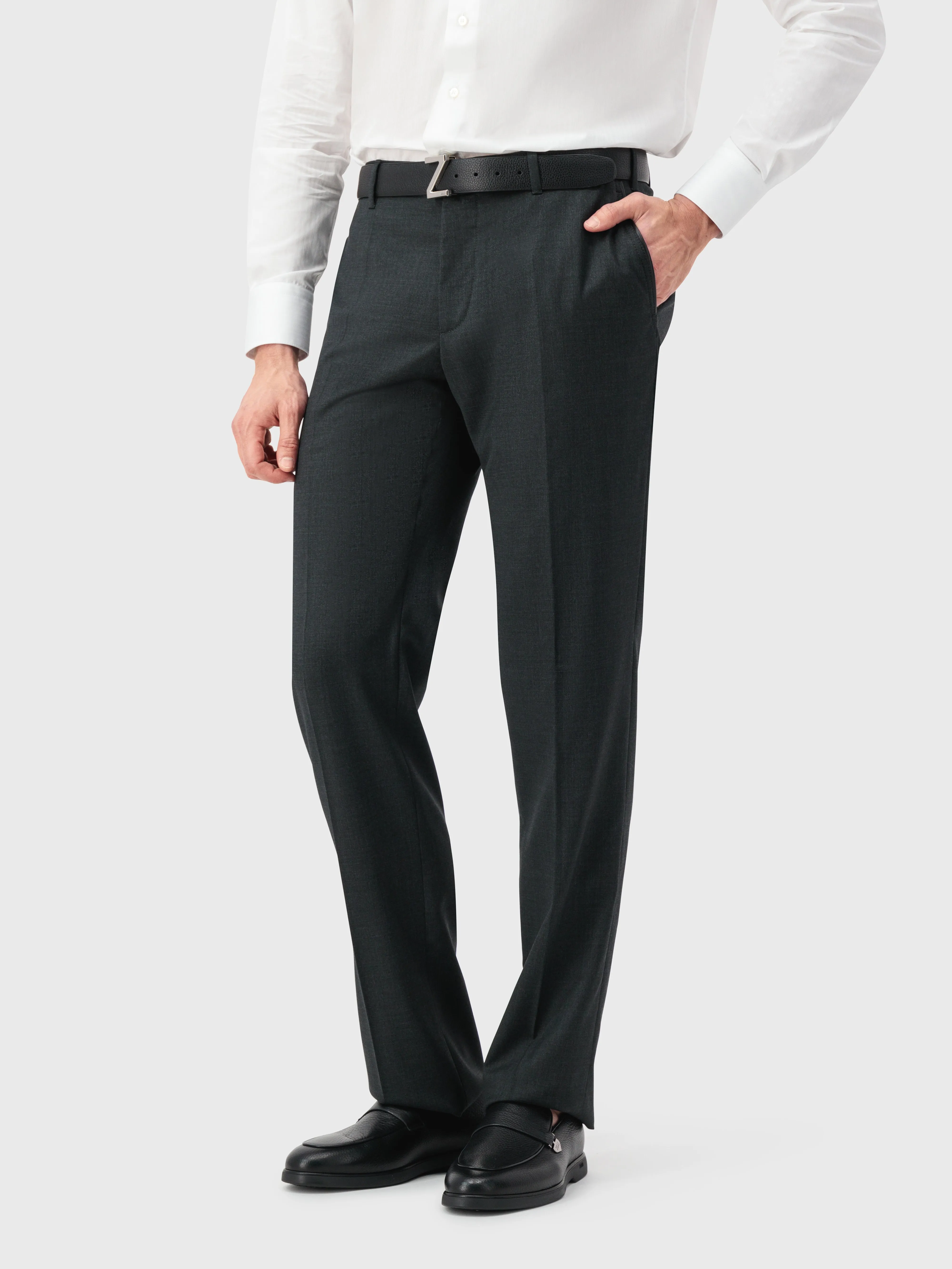 Wool Trousers with Leather Detailing Dark Charcoal